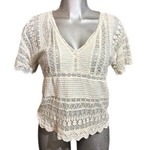 Zara Cream Eyelet Milkmaid Lace V-Neck Blouse Top Size Medium Boho-Chic Romantic